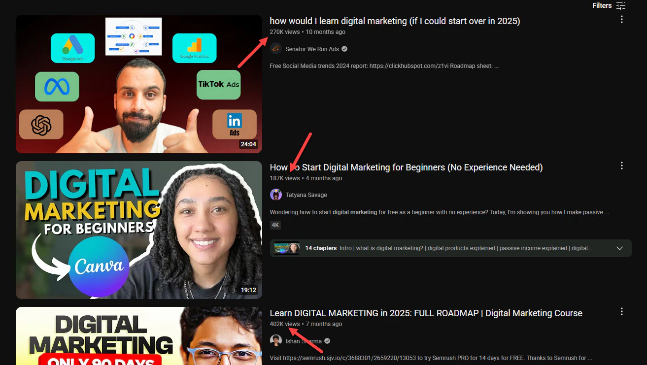 Youtube search results for digital marketing tutorials.