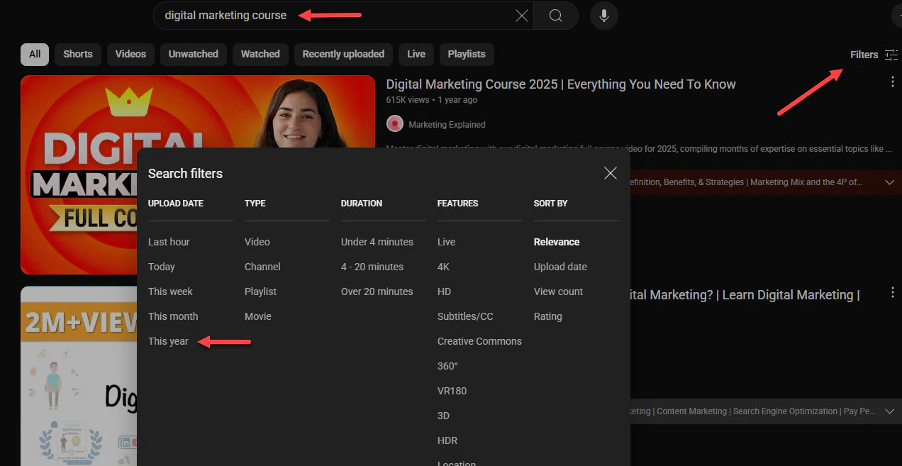 Youtube search filters applied for digital marketing course.