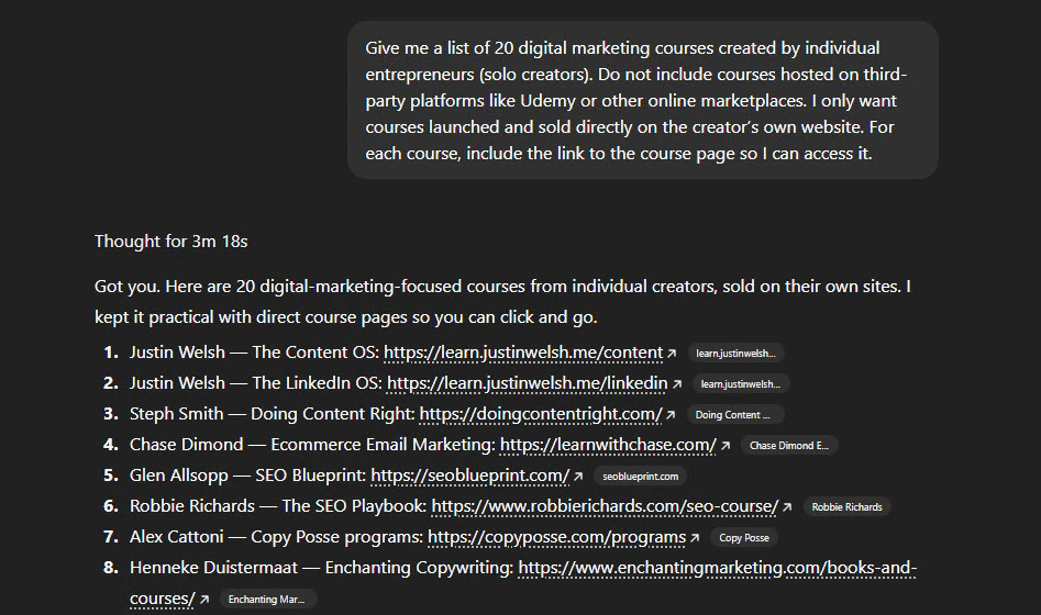 List of digital marketing courses from individual creators.