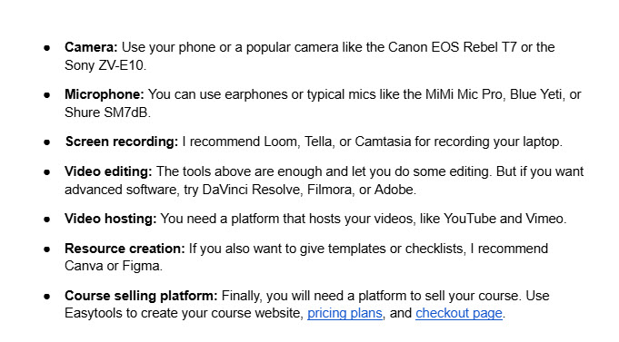 List of camera mic video and course selling tools.