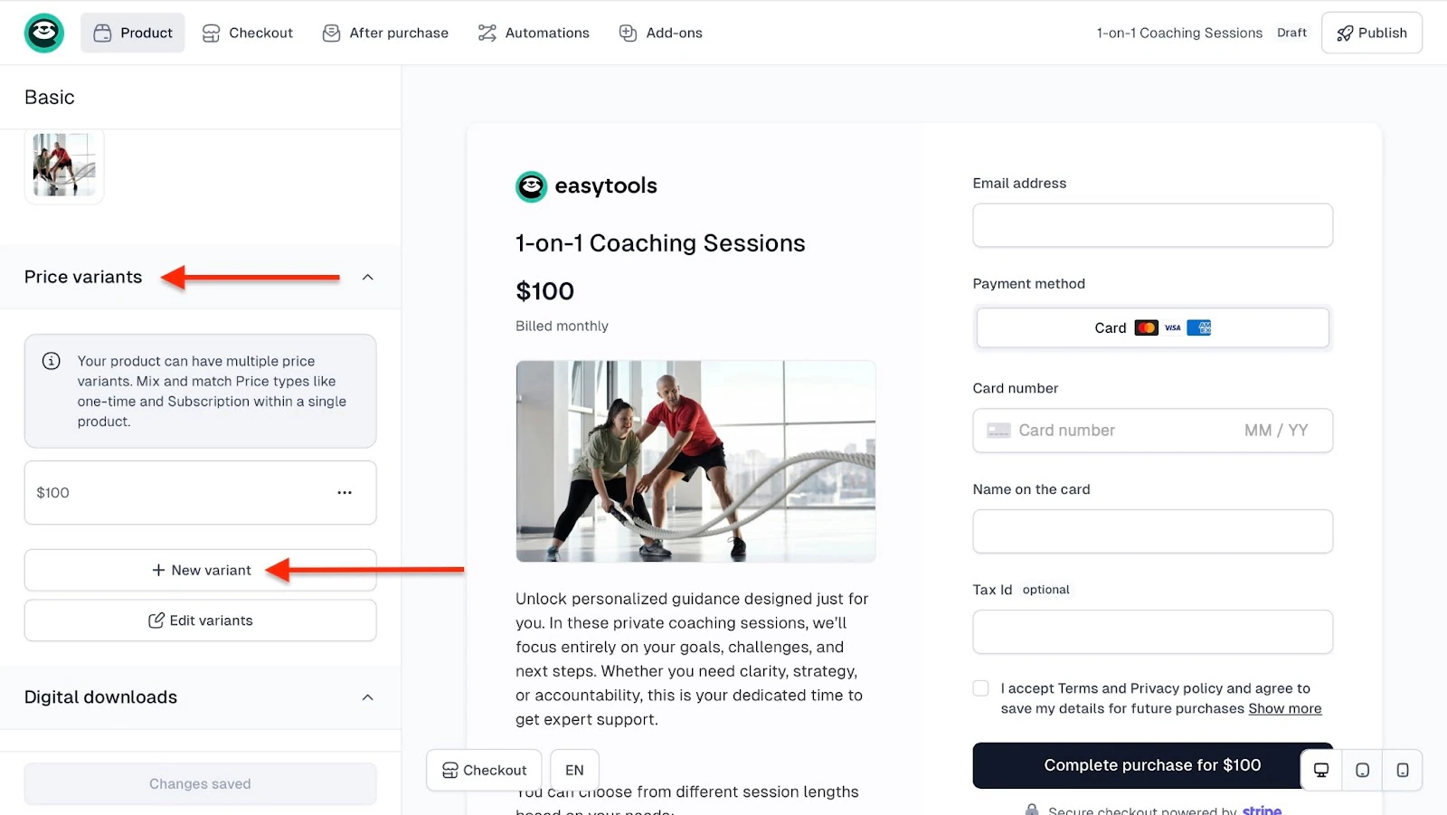 Easytools: page de paiement affichant "Price variants" - créateur de formations