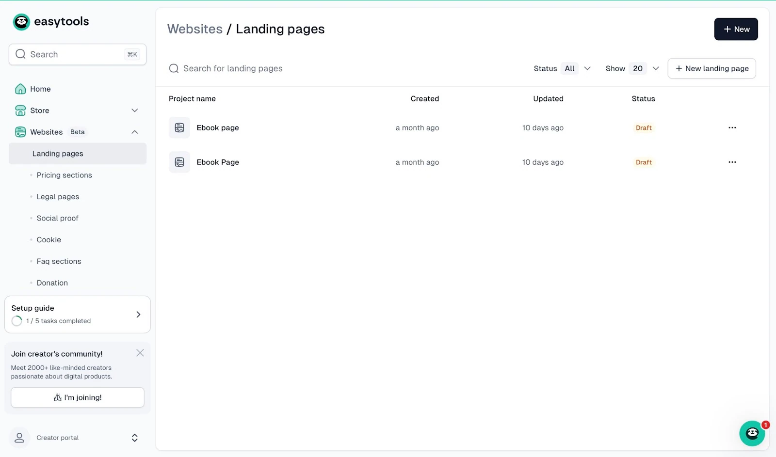 Aperçu des brouillons de landing pages pour des ebooks