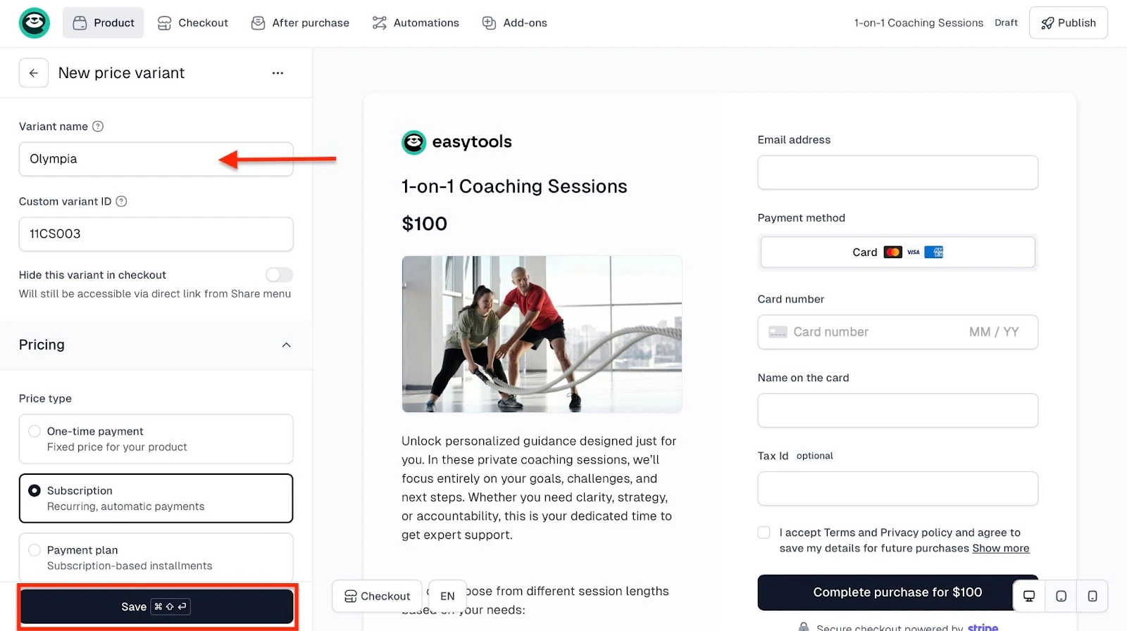 Easytools: page de paiement affichant "Publish"