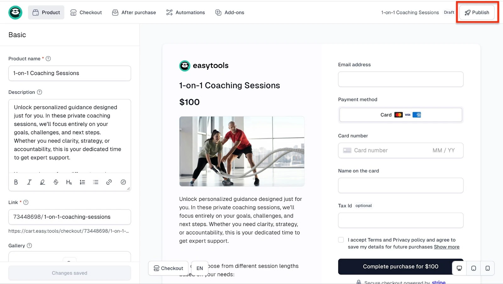 Publier le produit de séances de coaching