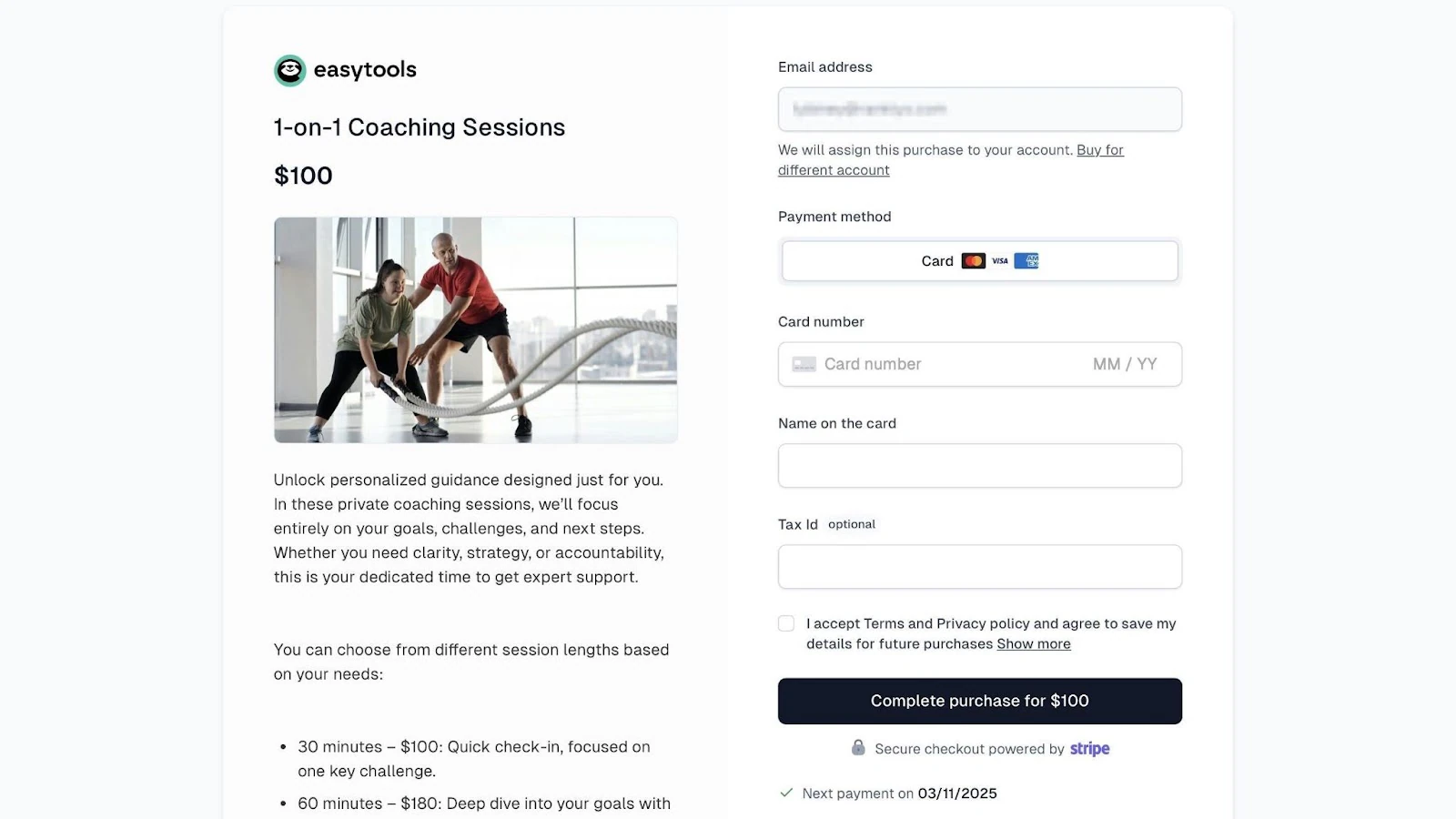 Page de paiement publiée pour des séances de coaching