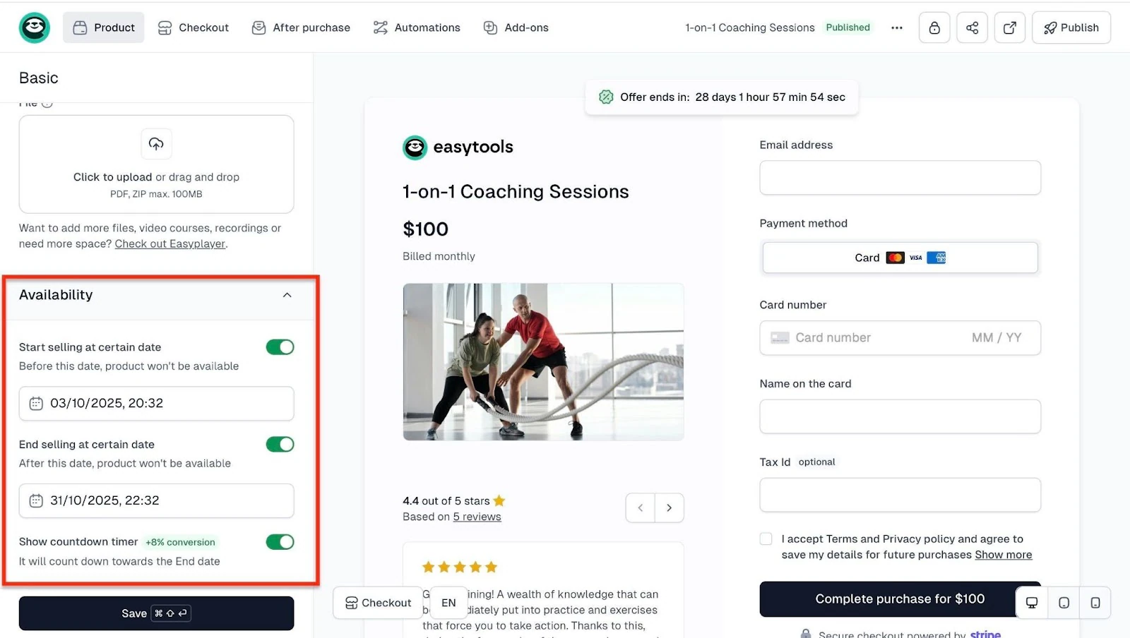 Easytools: capture d'écran de la page de paiement - automatisation