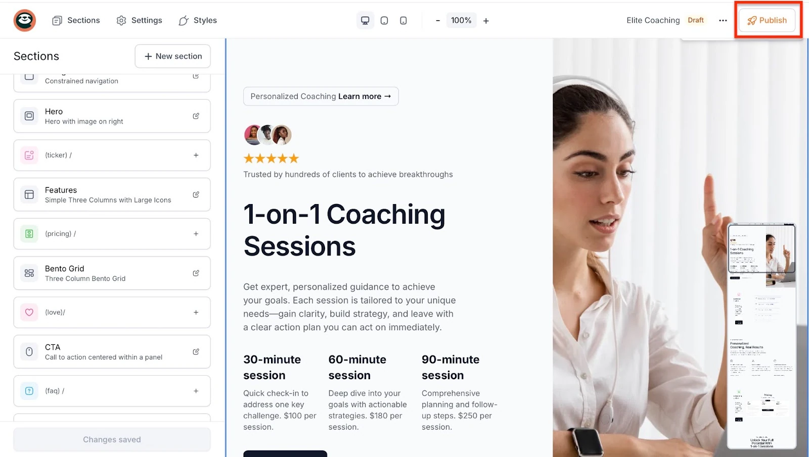 Personnaliser les sections de la page et la publier