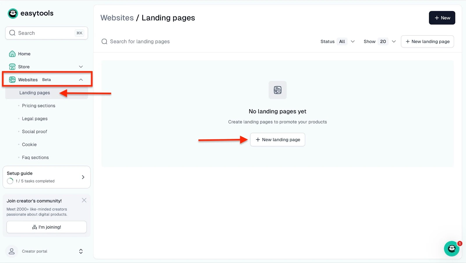 Easytools: créateur de site affichant "Websites"