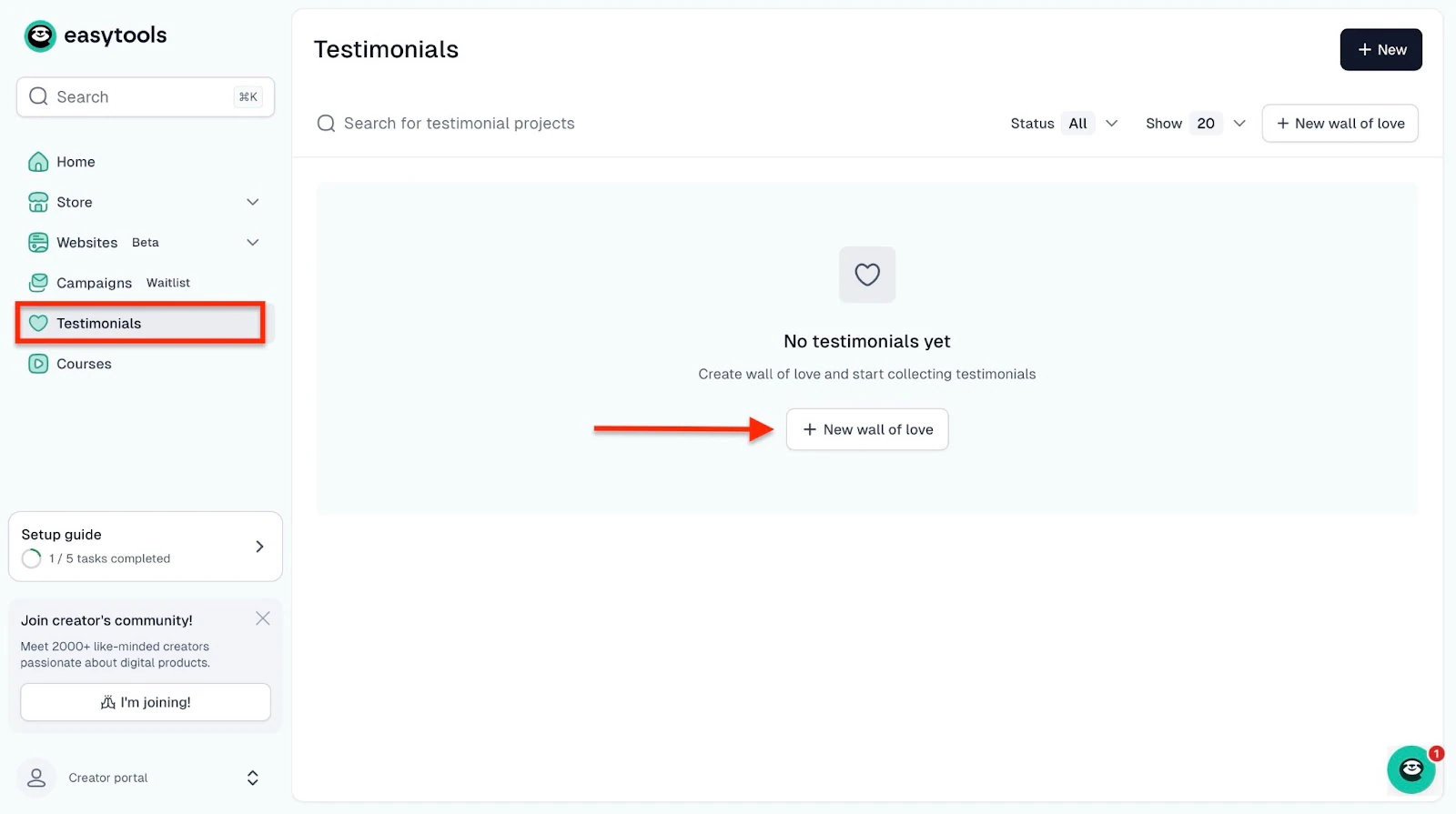 Fonctionnalité Testimonials dans le menu Easytools