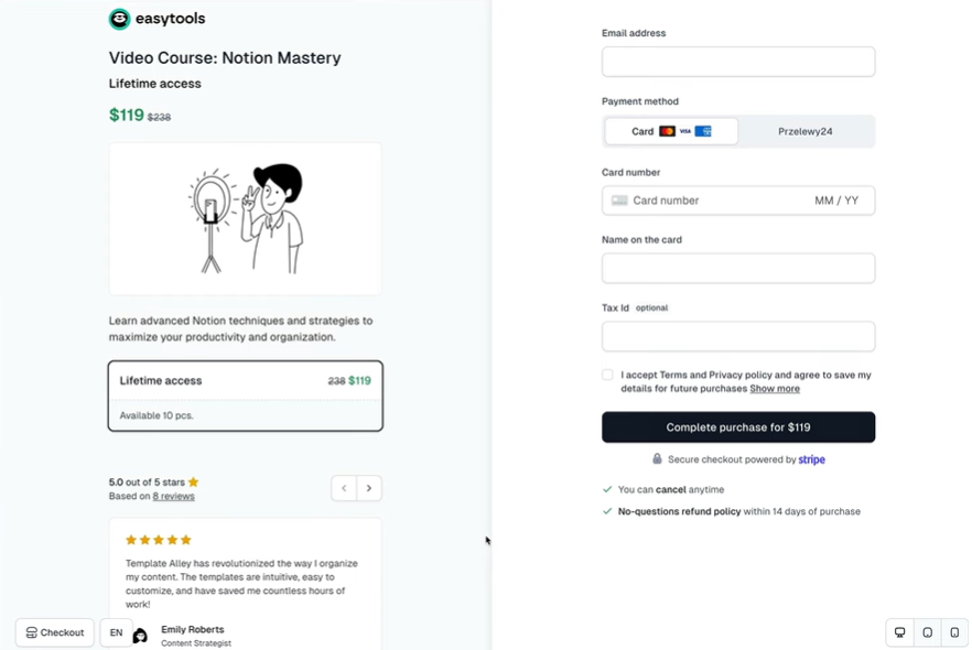Page de paiement Easycart avec un témoignage client