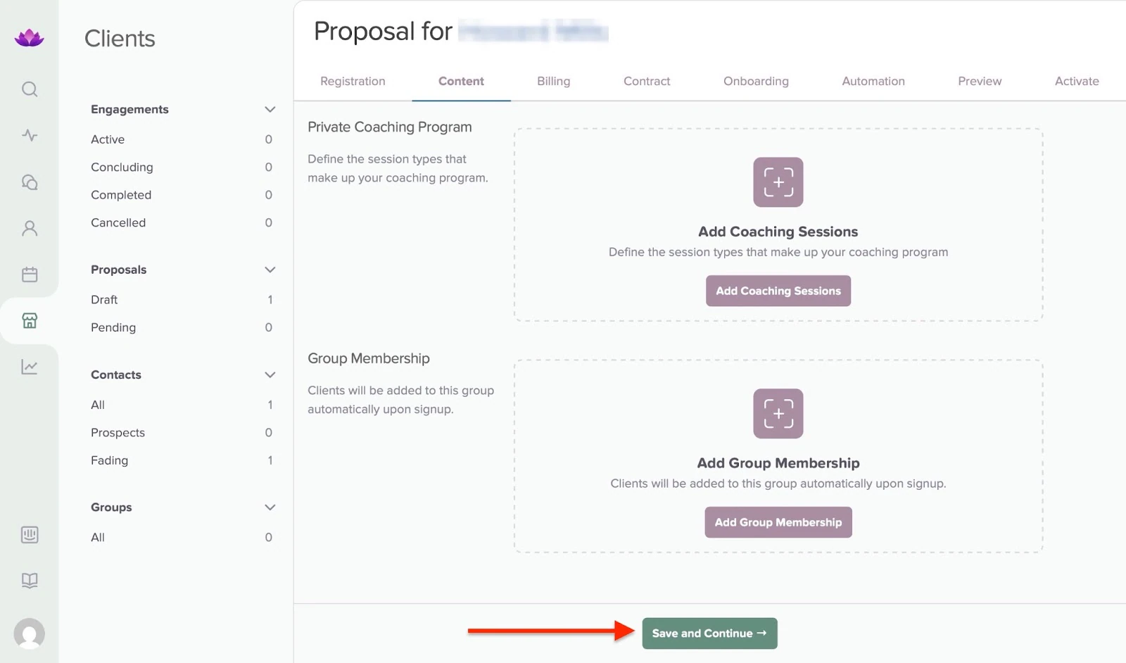Page de contenu de la proposition avec les options d'ajout de séances de coaching ou d'abonnement de groupe