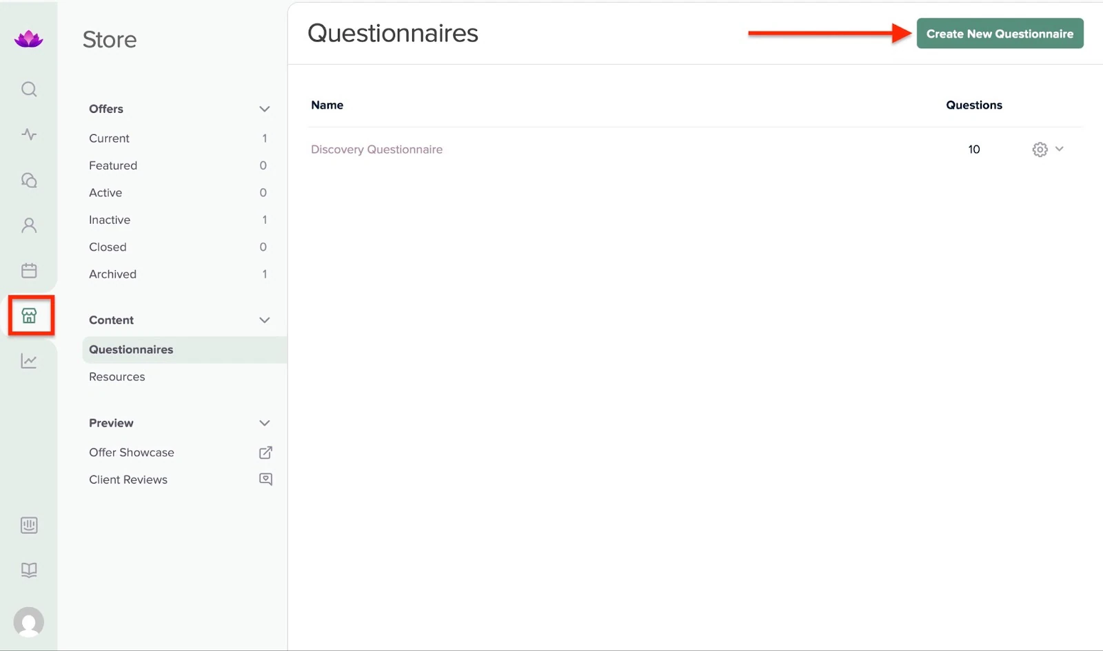 Section des questionnaires avec la liste des questionnaires de découverte