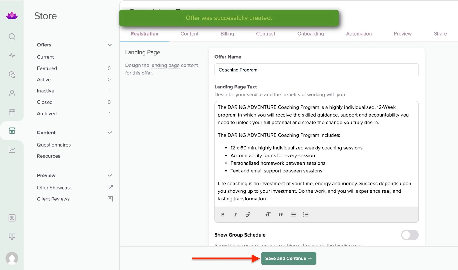 Configuration de la landing page d'un programme de coaching avec le texte de description