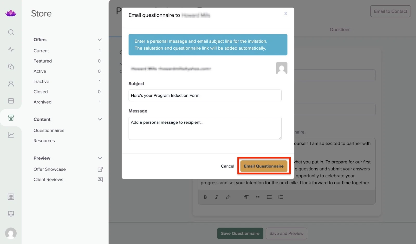 Fenêtre d'envoi du formulaire avec les champs objet et message