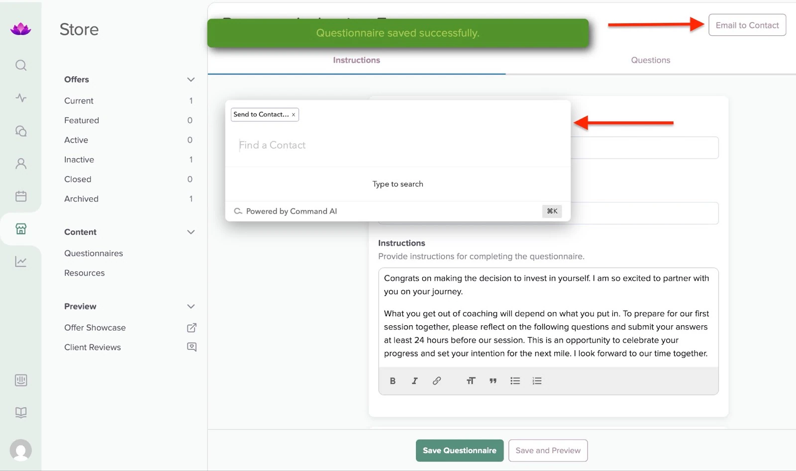 Envoi par email du questionnaire d'entrée dans le programme