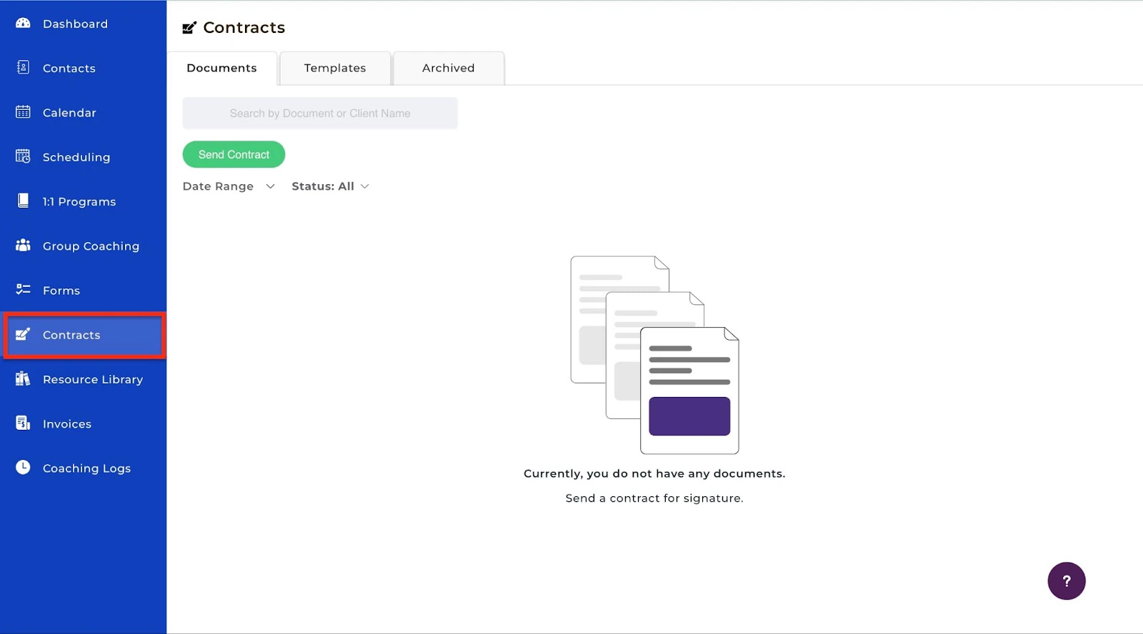 Onglet des contrats sur une plateforme de coaching professionnelle