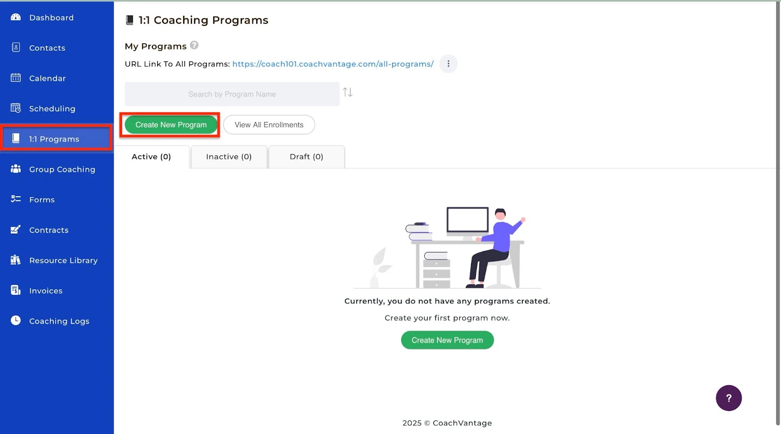 CoachVantage: créateur de formations affichant "1:1 Programs"