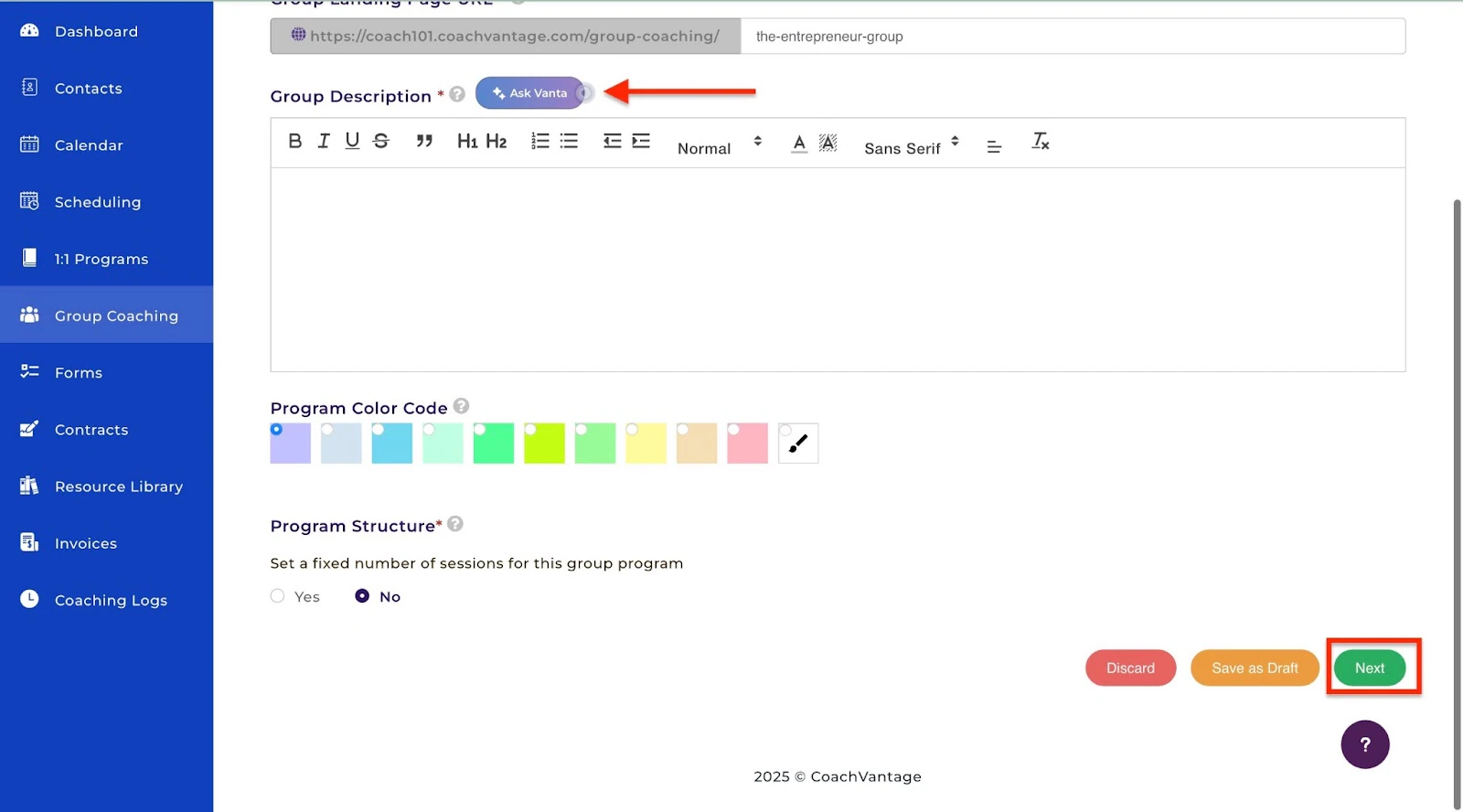 Demander à l'IA Vanta d'aider à rédiger la description du groupe