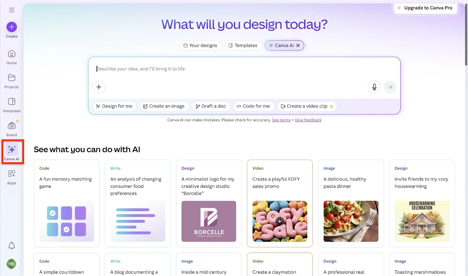 Onglet Canva AI avec l'option de design