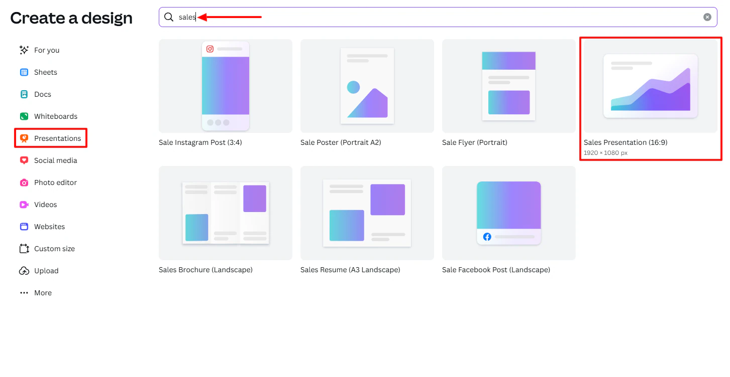 Canva: créateur de site affichant "Presentations"