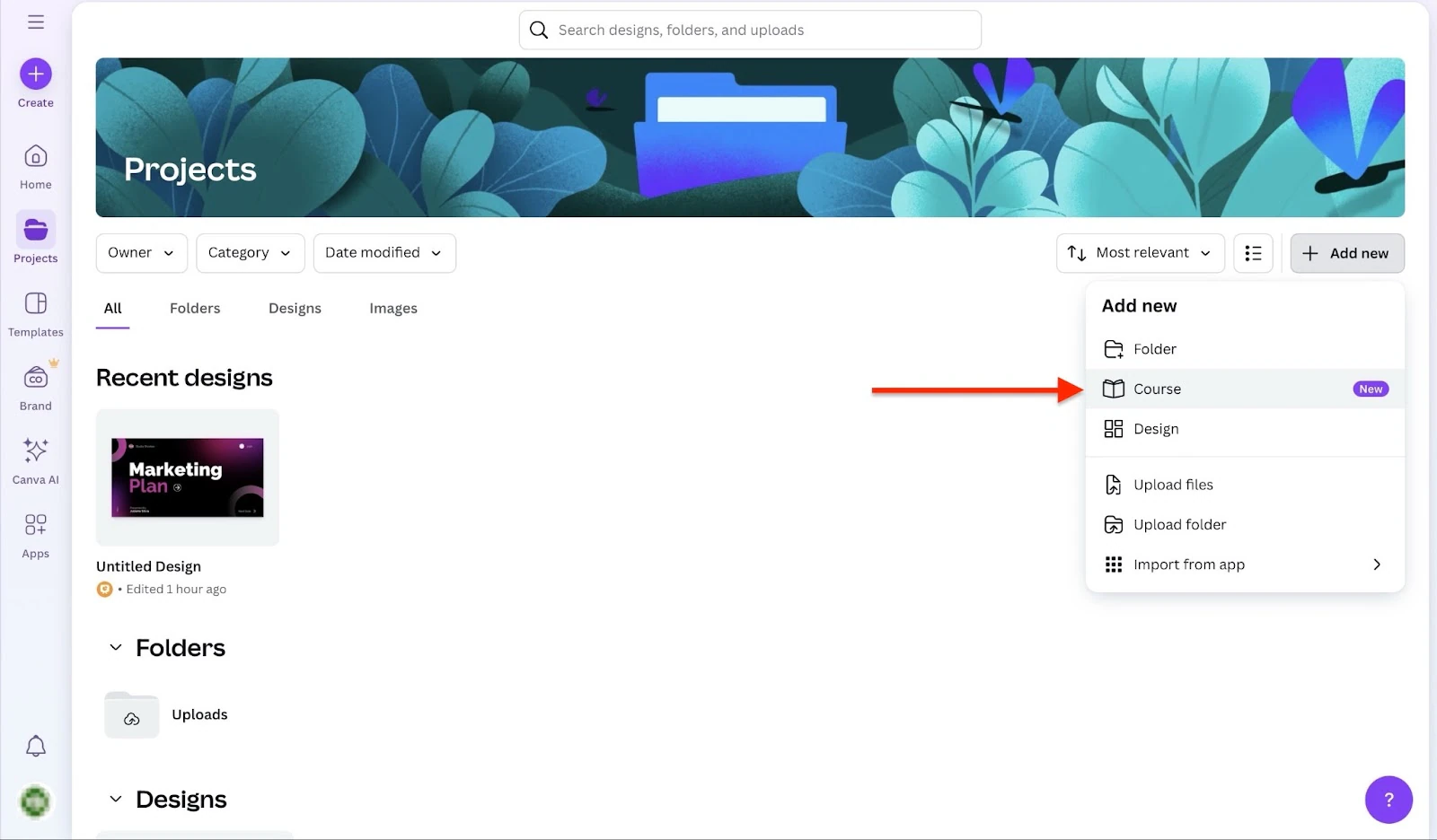 Canva: projets affichant "Course"
