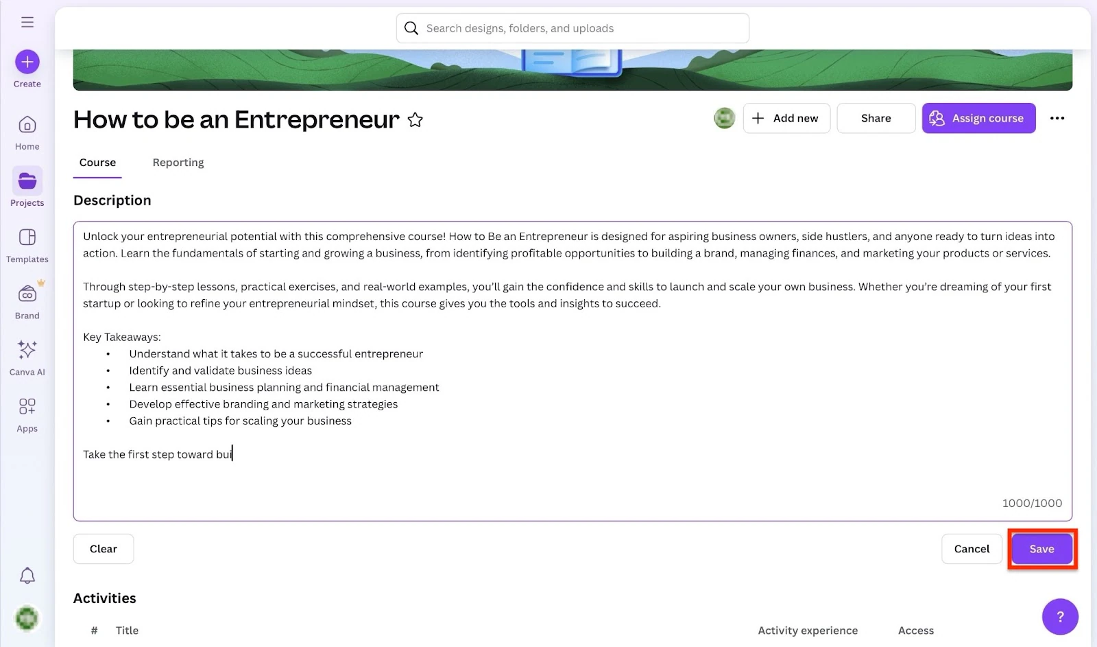 Éditeur de description de formation avec le bouton d'enregistrement