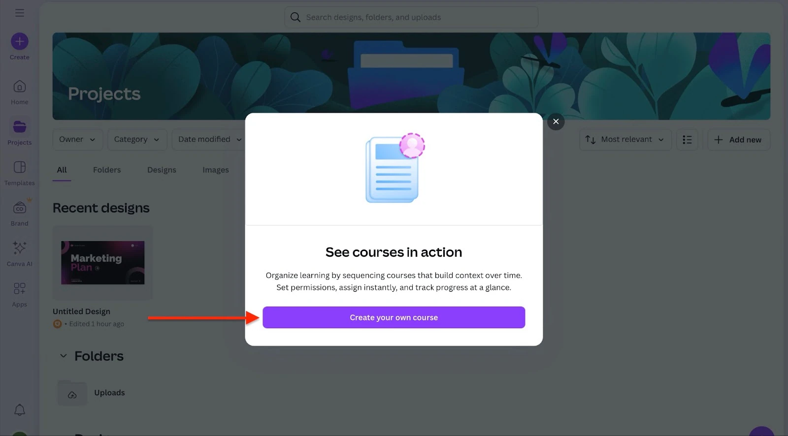 Canva: projets affichant "Create your own course"