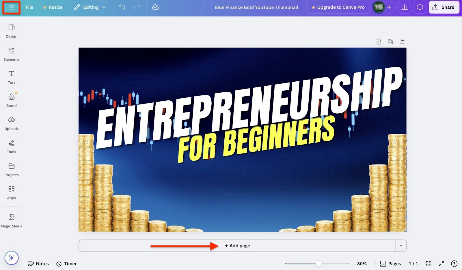 Canva: projets affichant "+ Add page" - créateur de site