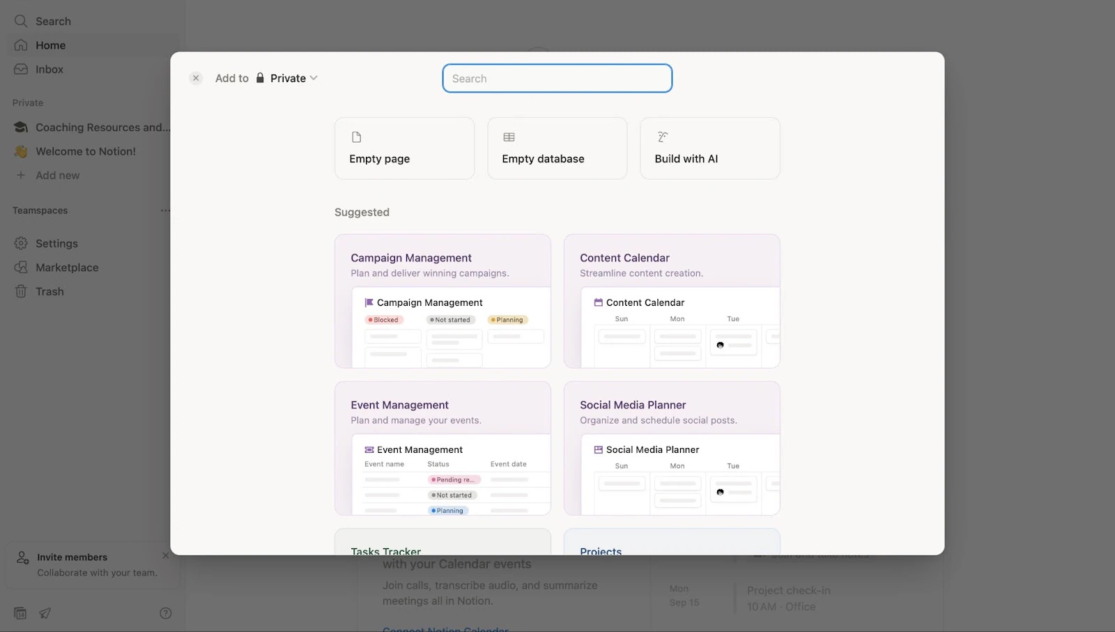Fenêtre des modèles suggérés dans le tableau de bord Notion