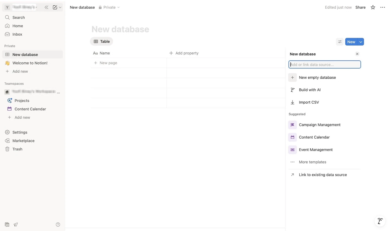 Options de configuration d'une nouvelle base de données Notion