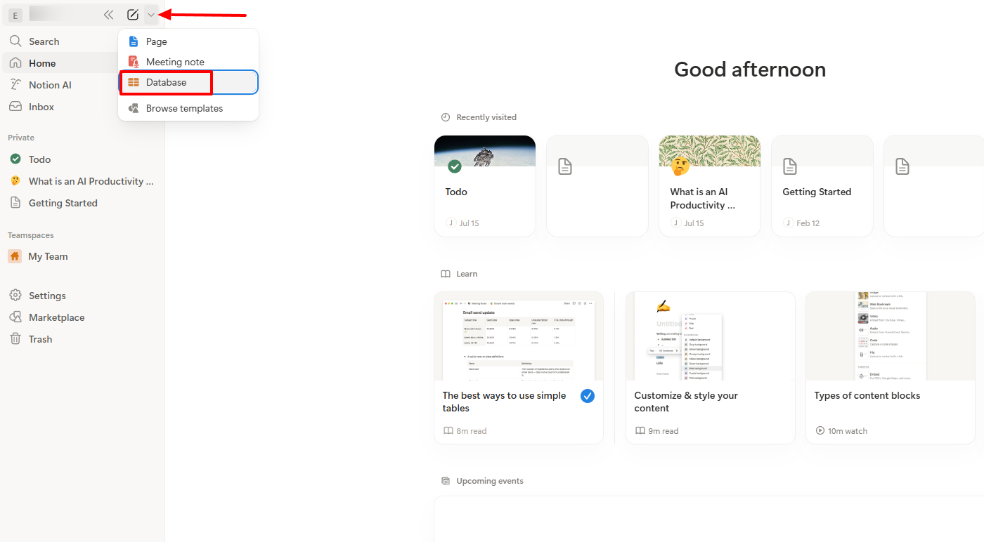 Notion: écran "Database"