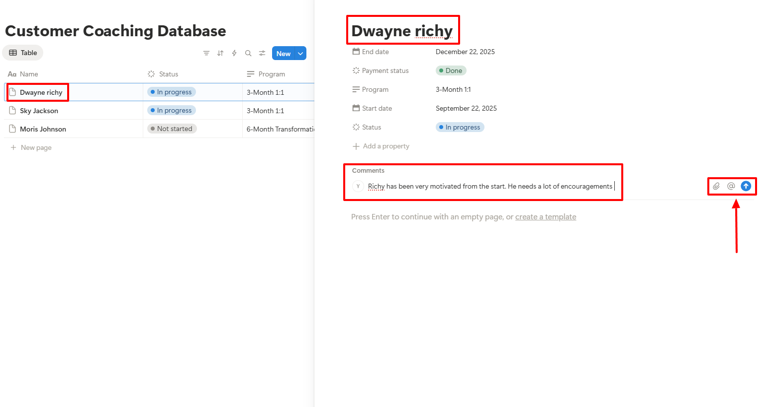 Informations client dans une base de données Notion
