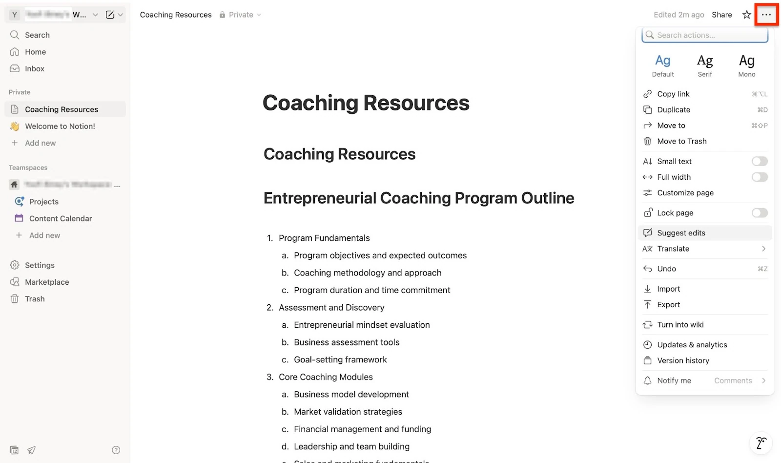 Page Notion avec le plan d'un programme de coaching