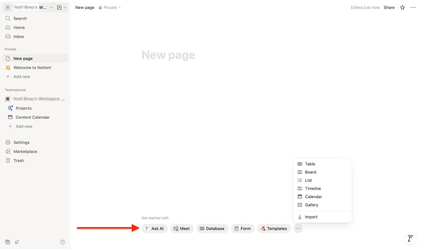 Page Notion vierge avec les options de base de données d'adresses