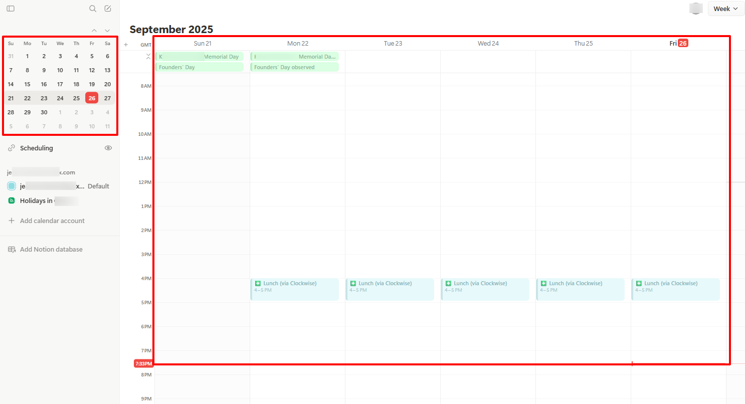 Zone du calendrier Notion