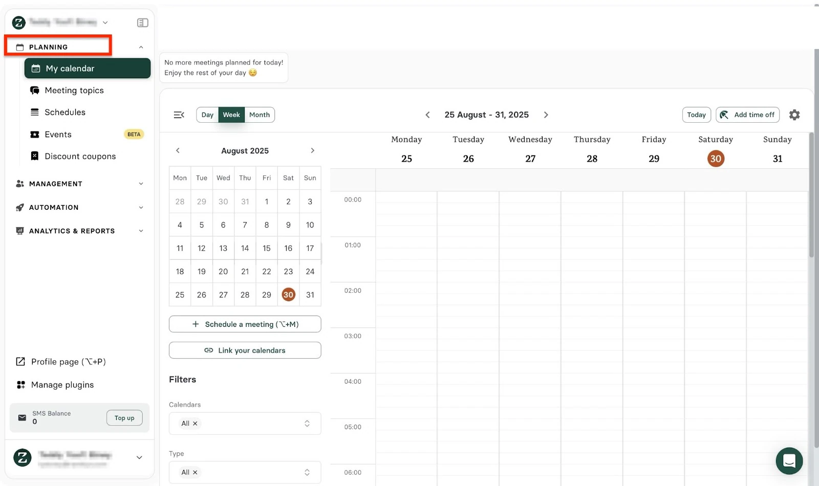 Vue calendrier hebdomadaire avec l'option de planification