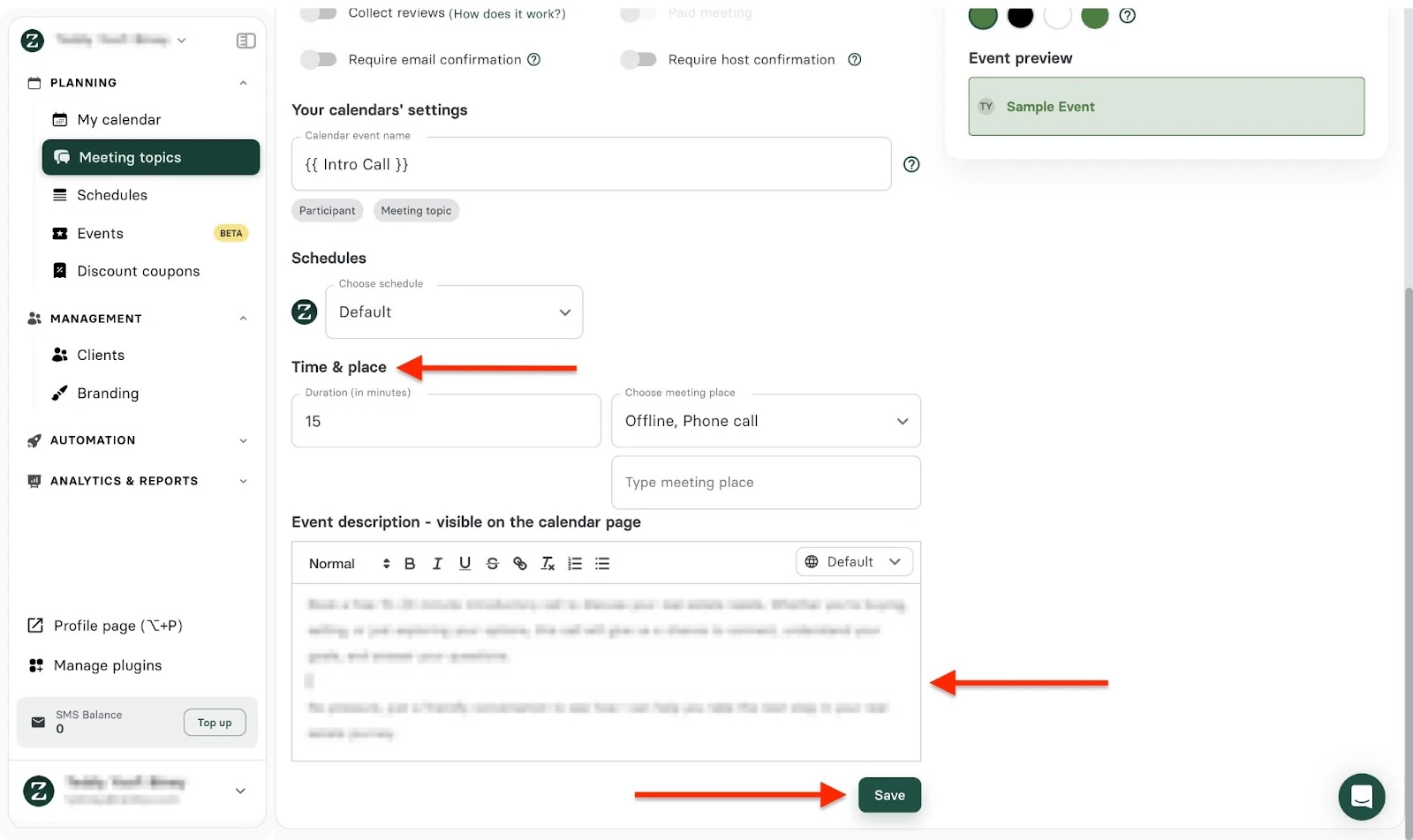 Heure, lieu et bouton d'enregistrement dans la configuration du rendez-vous