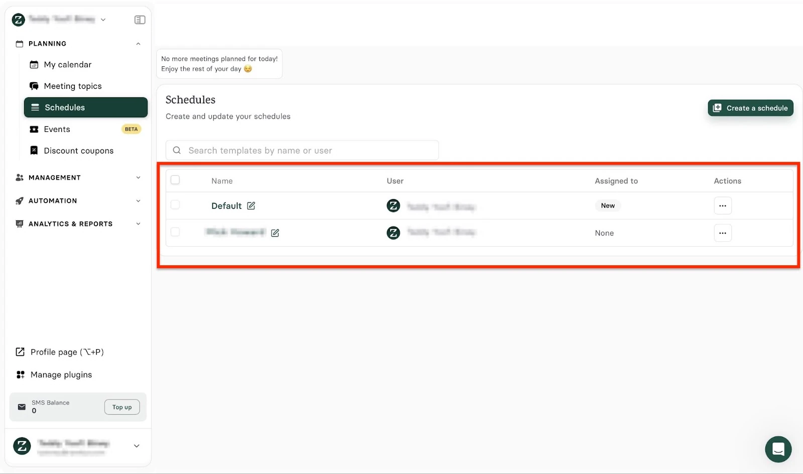 Liste des plannings avec les entrées par défaut et personnalisées