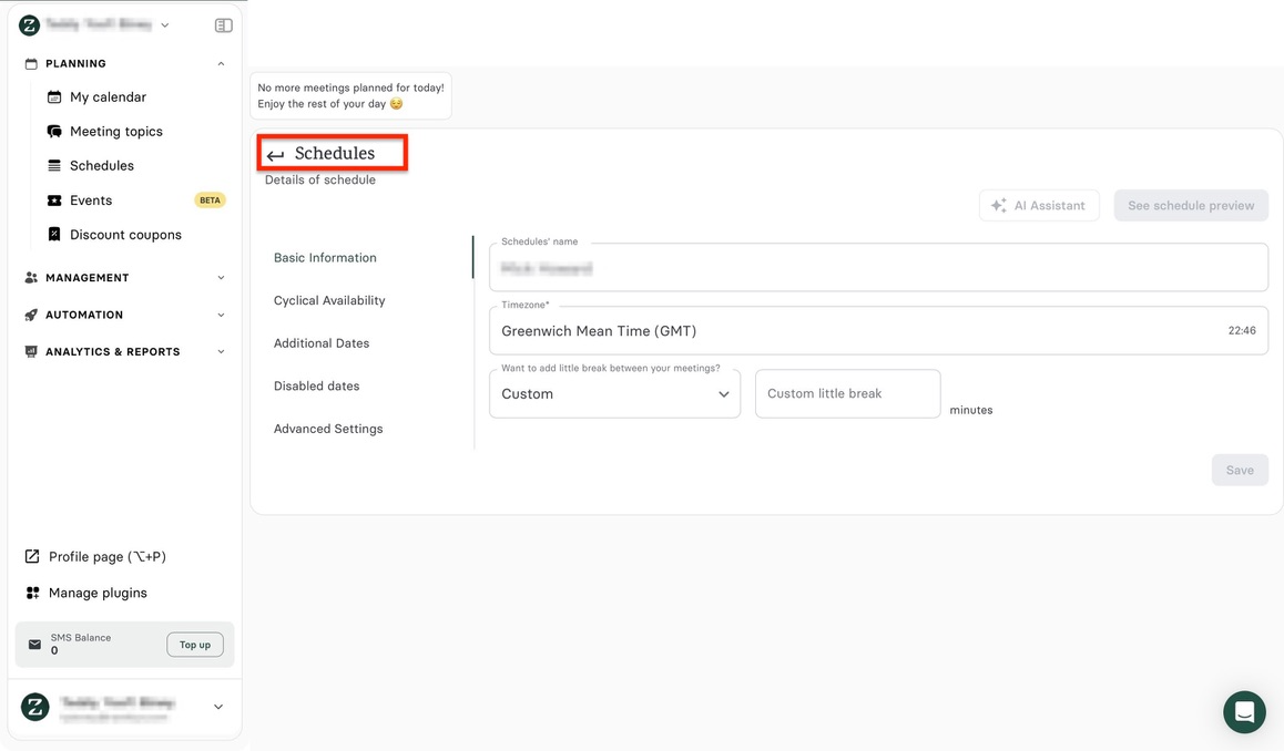 Option de retour au planning dans les réglages