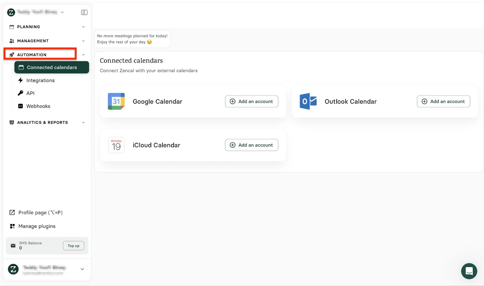 Menu d'automatisation avec les options d'agendas connectés