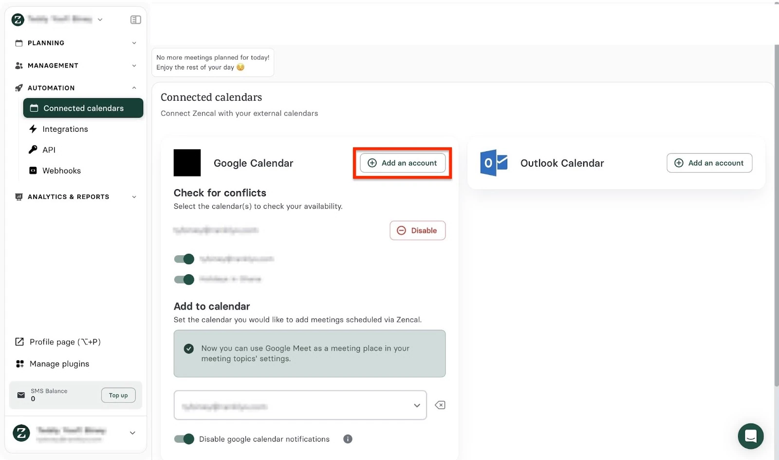 Intégration de Google Calendar avec l'option d'ajout de compte