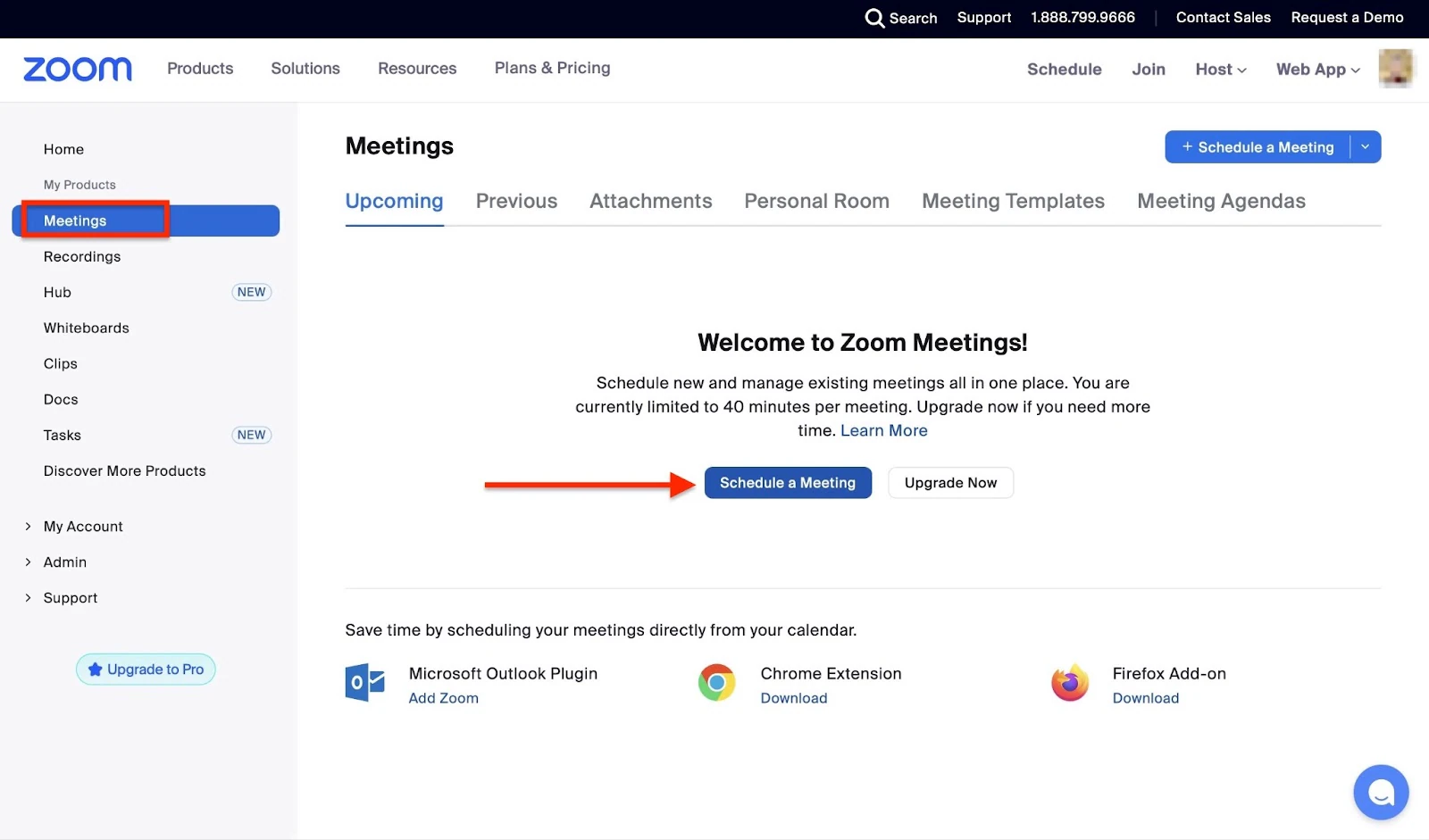 Page des réunions Zoom avec le bouton de planification