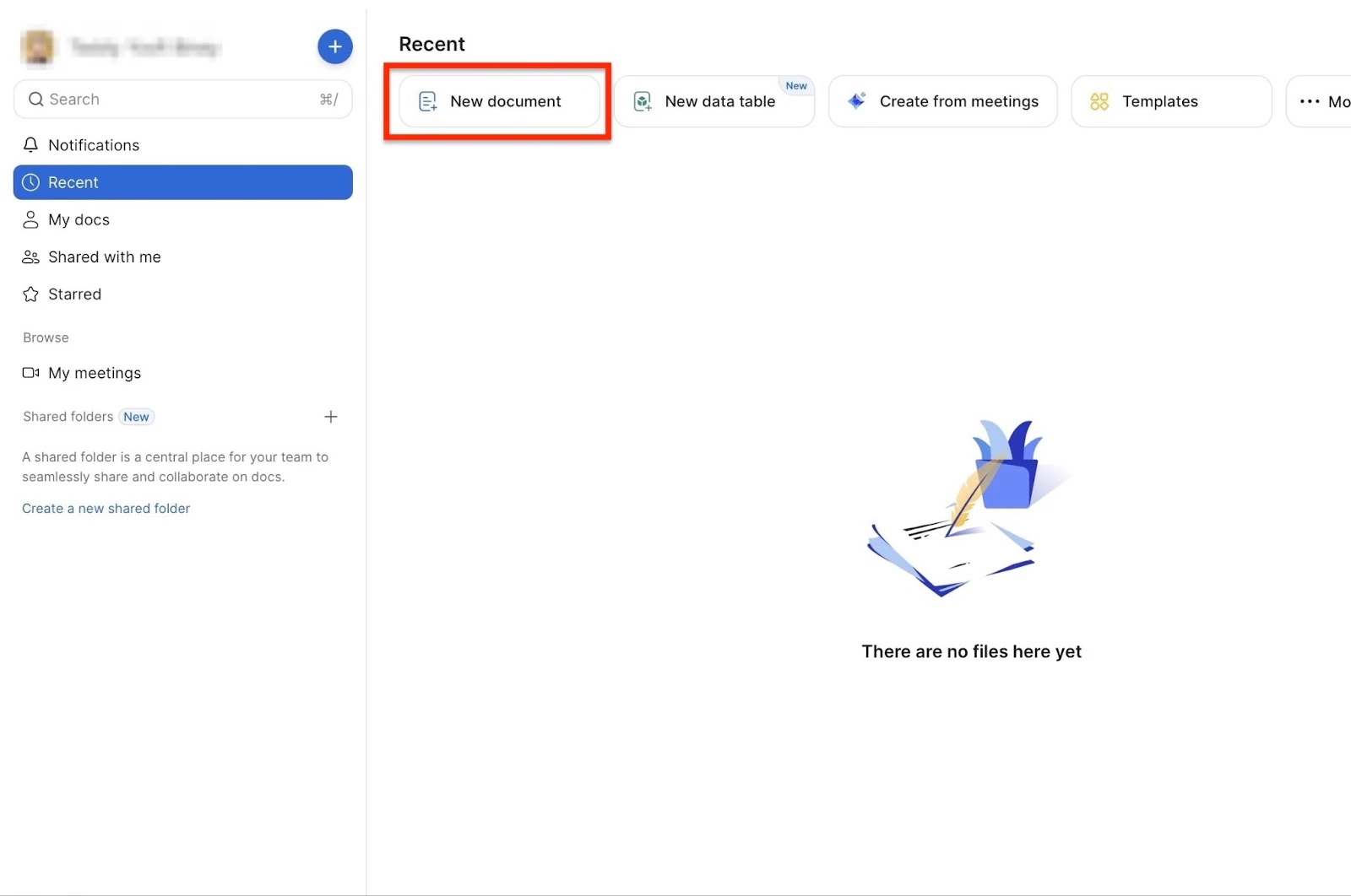 Page des documents récents avec l'option de nouveau document