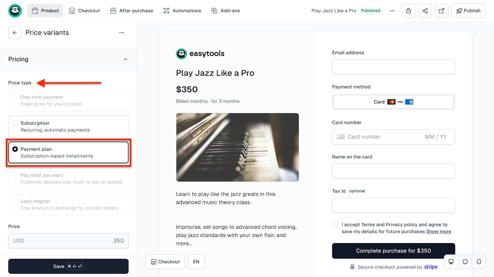 Payment plan price type