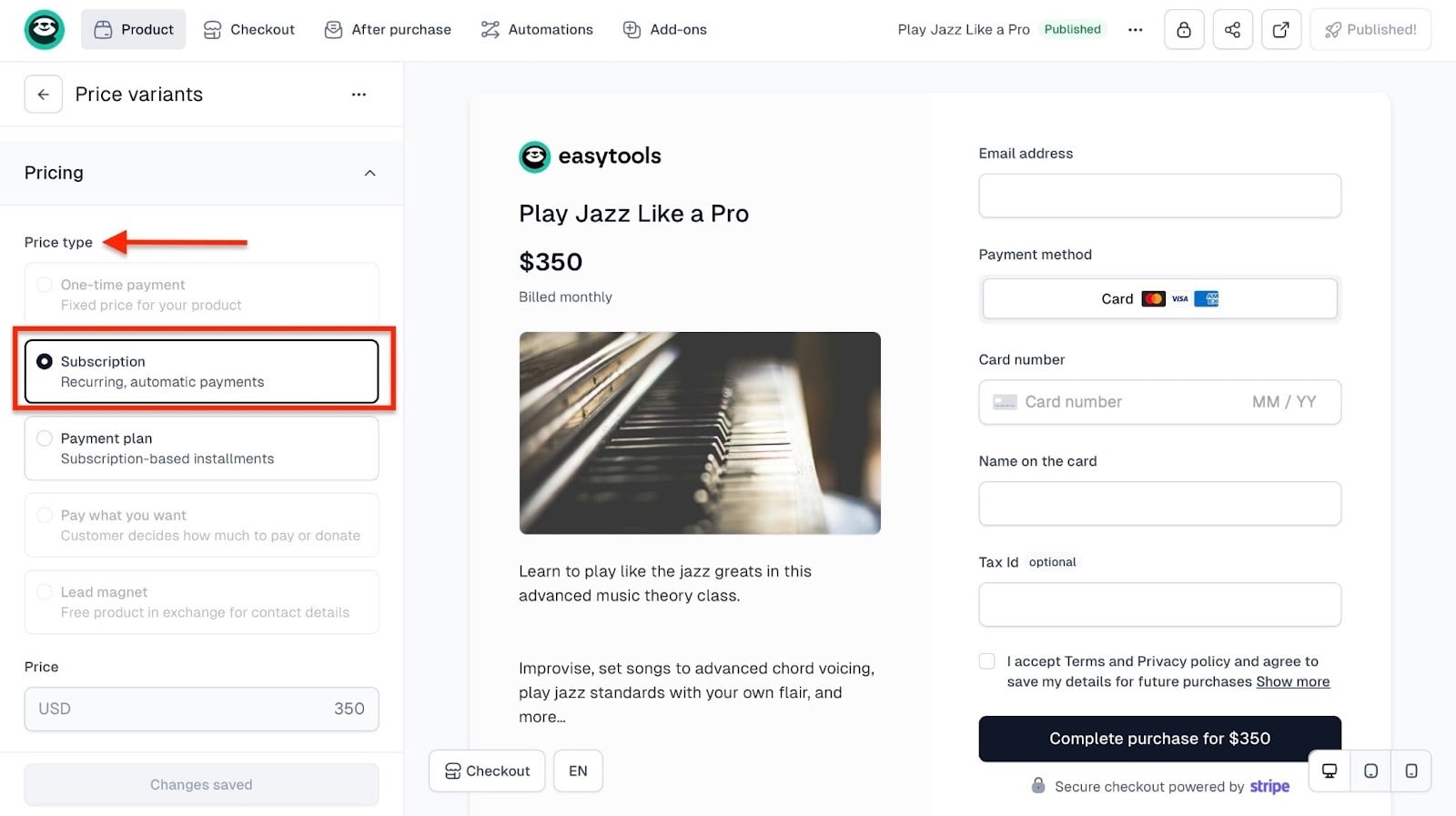 Easytools: checkout showing “Subscription”