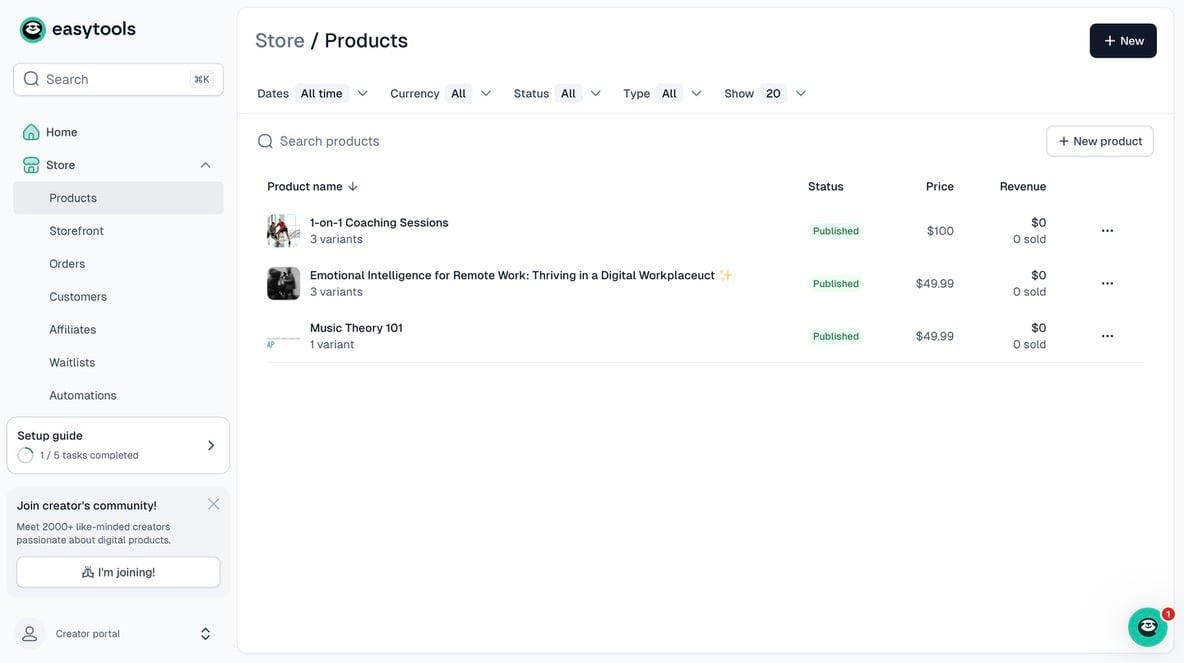Product dashboard showing published items list