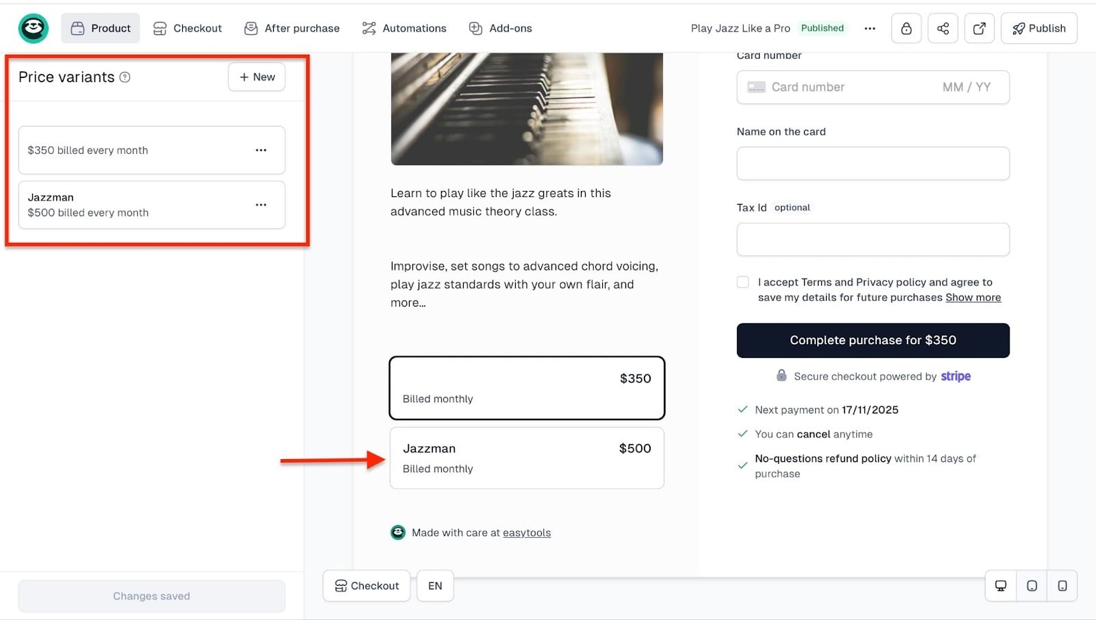 Sample price variants set by creator