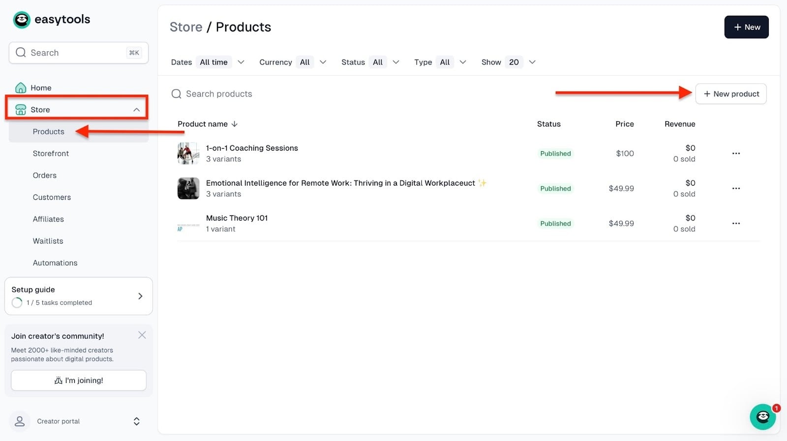 Product list page with new product option