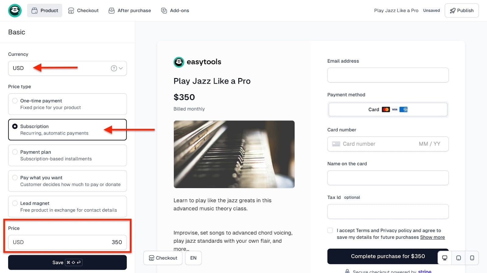 Subscription pricing setup in product settings