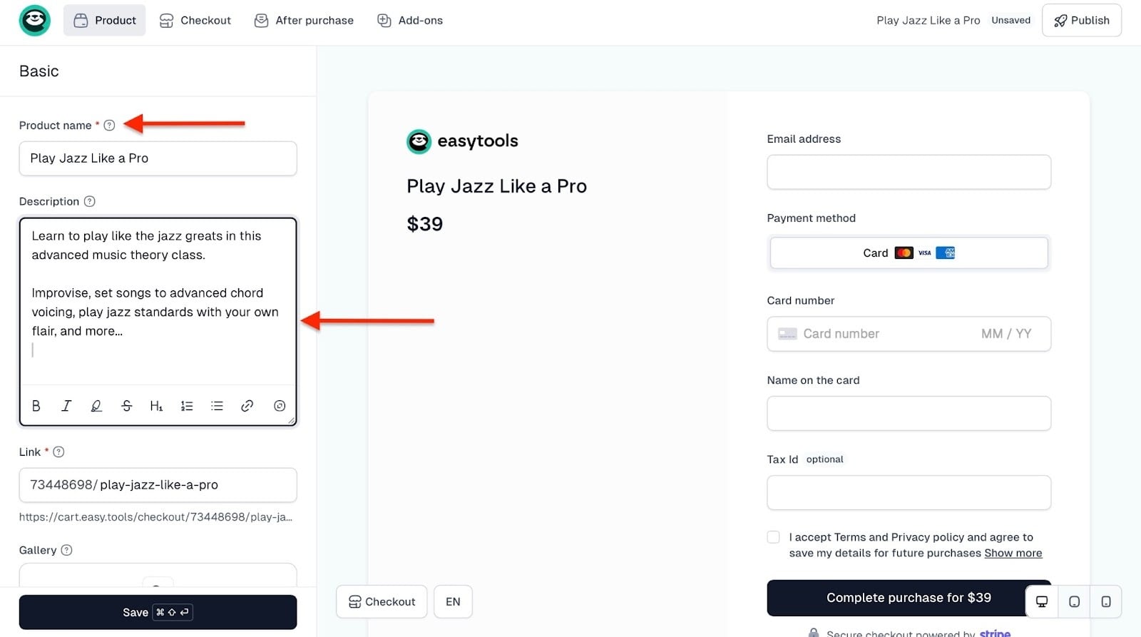 Product creation form with description and checkout
